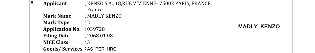 Original bulletin entry for MADLY KENZO
