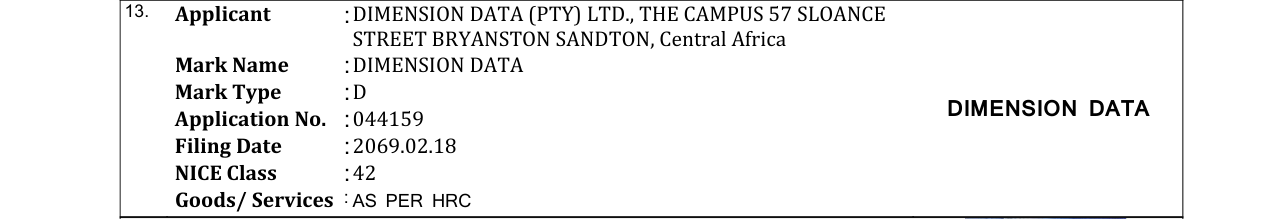 Original bulletin entry for DIMENSION DATA