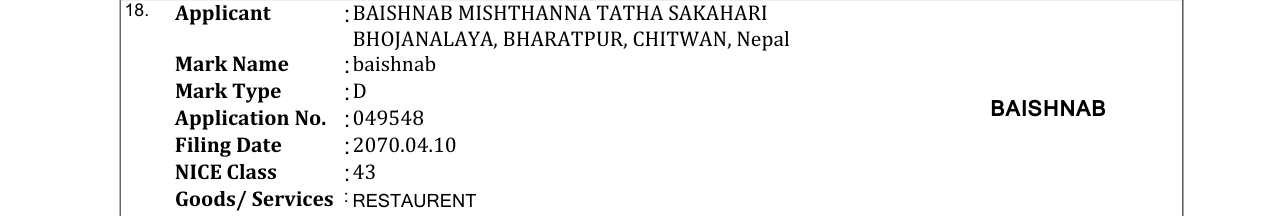 Original bulletin entry for baishnab