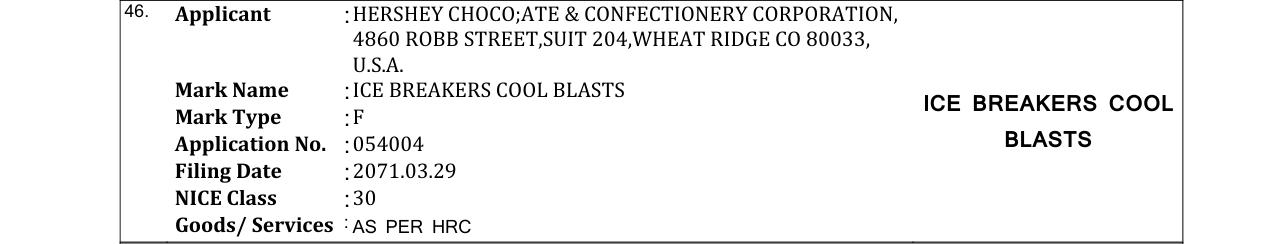 Original bulletin entry for ICE BREAKERS COOL BLASTS ICE BREAKERS COOL