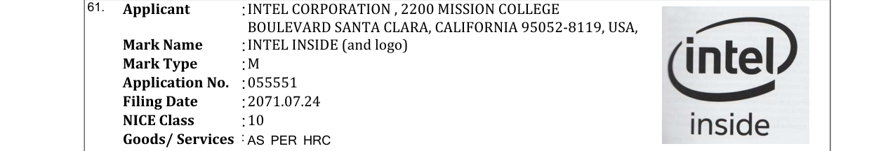 Original bulletin entry for INTEL INSIDE (and logo)