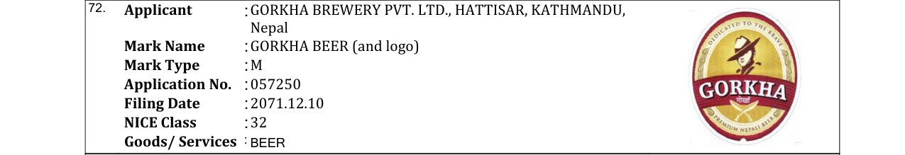 Original bulletin entry for GORKHA BEER (and logo)