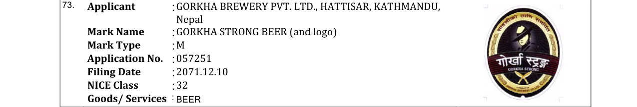 Original bulletin entry for GORKHA STRONG BEER (and logo)