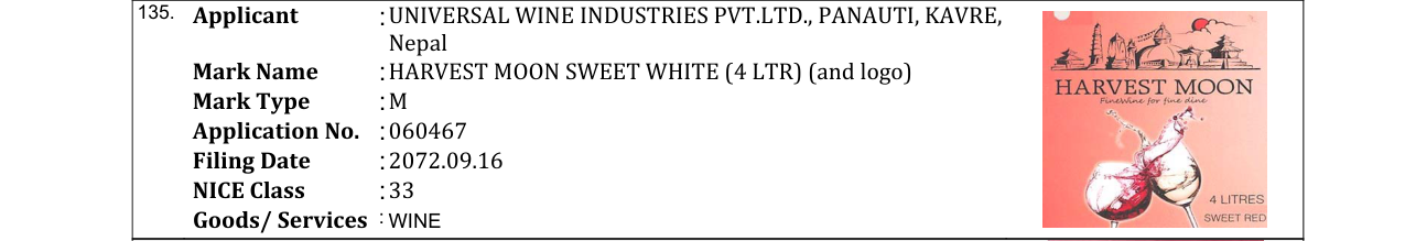 Original bulletin entry for HARVEST MOON SWEET WHITE (4 LTR) (and logo)
