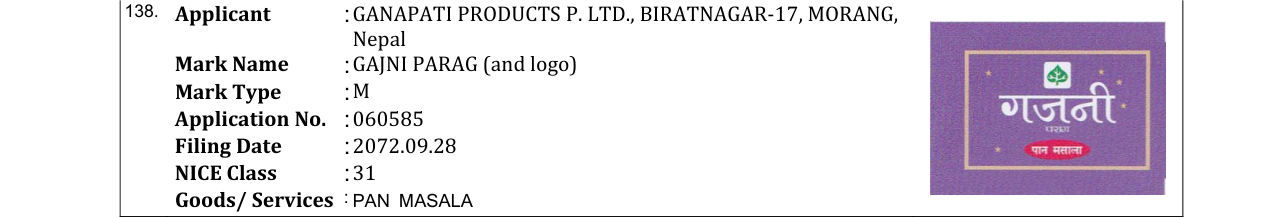 Original bulletin entry for GAJNI PARAG (and logo)