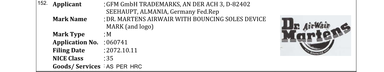 Original bulletin entry for DR. MARTENS AIRWAIR WITH BOUNCING SOLES DEVICE MARK (and logo)