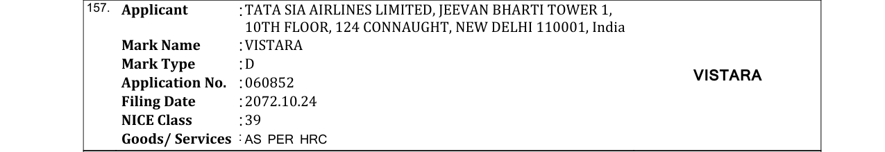 Original bulletin entry for VISTARA