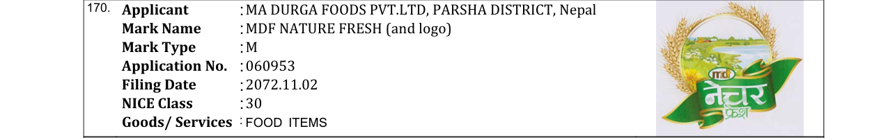 Original bulletin entry for MDF NATURE FRESH (and logo)