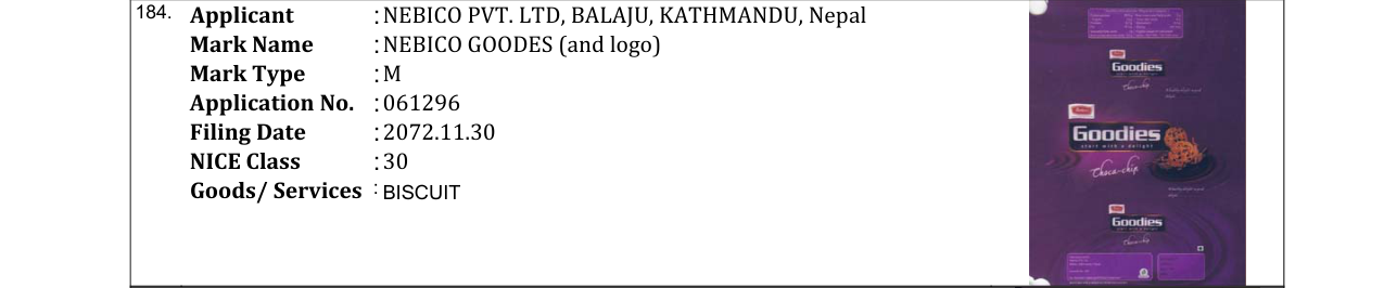 Original bulletin entry for NEBICO GOODES (and logo)