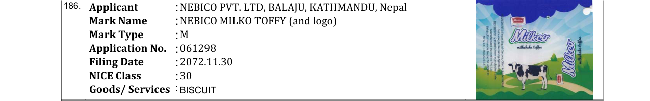 Original bulletin entry for NEBICO MILKO TOFFY (and logo)