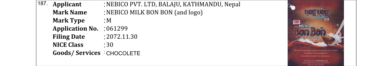 Original bulletin entry for NEBICO MILK BON BON (and logo)