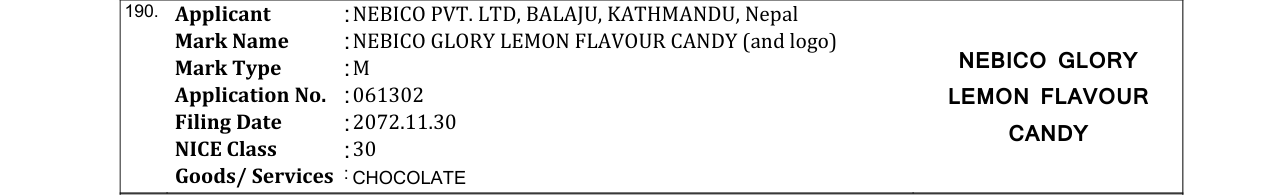 Original bulletin entry for NEBICO GLORY LEMON FLAVOUR CANDY (and logo)