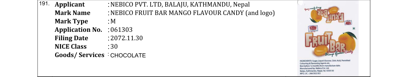Original bulletin entry for NEBICO FRUIT BAR MANGO FLAVOUR CANDY (and logo)
