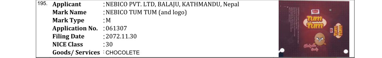 Original bulletin entry for NEBICO TUM TUM (and logo)