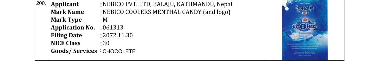 Original bulletin entry for NEBICO COOLERS MENTHAL CANDY (and logo)
