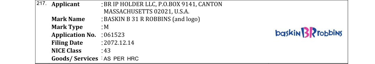 Original bulletin entry for BASKIN B 31 R ROBBINS (and logo)