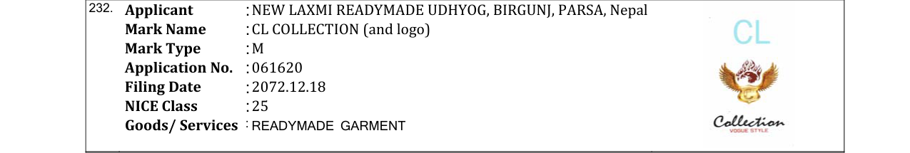 Original bulletin entry for CL COLLECTION (and logo)