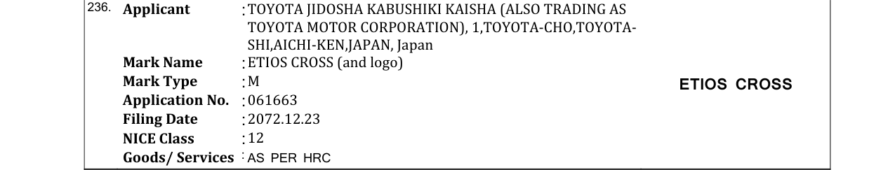 Original bulletin entry for ETIOS CROSS (and logo)