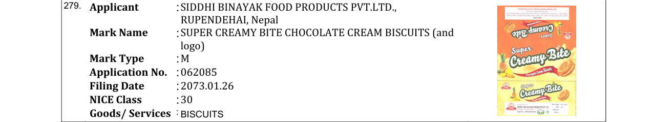 Original bulletin entry for SUPER CREAMY BITE CHOCOLATE CREAM BISCUITS (and logo)