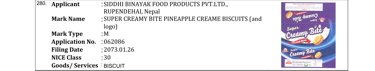 Original bulletin entry for SUPER CREAMY BITE PINEAPPLE CREAME BISCUITS (and logo)
