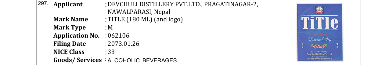 Original bulletin entry for TITLE (180 ML) (and logo)