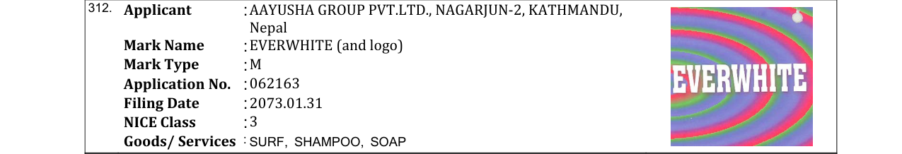 Original bulletin entry for EVERWHITE (and logo)