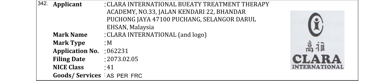 Original bulletin entry for CLARA INTERNATIONAL (and logo)
