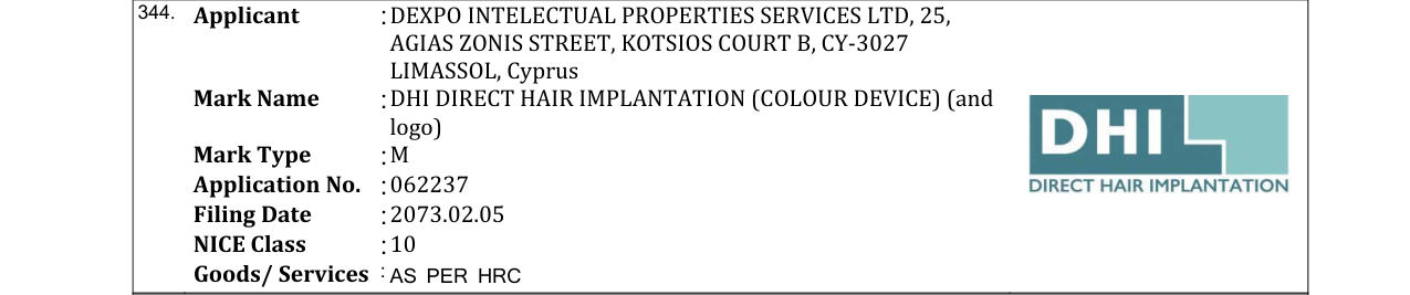 Original bulletin entry for DHI DIRECT HAIR IMPLANTATION (COLOUR DEVICE) (and logo)