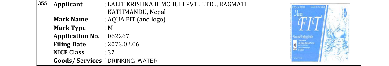Original bulletin entry for AQUA FIT (and logo)