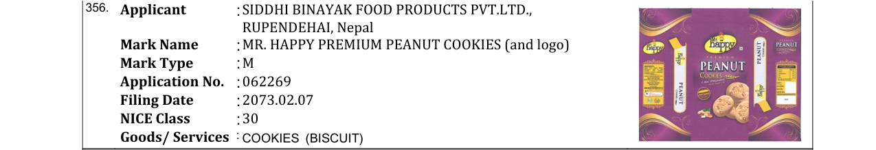 Original bulletin entry for MR. HAPPY PREMIUM PEANUT COOKIES (and logo)