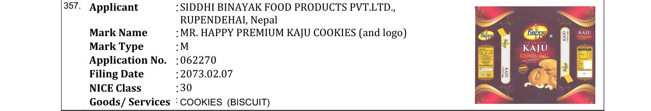 Original bulletin entry for MR. HAPPY PREMIUM KAJU COOKIES (and logo)