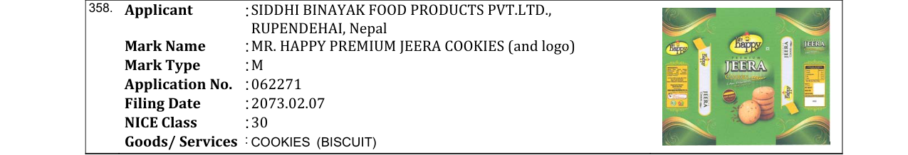 Original bulletin entry for MR. HAPPY PREMIUM JEERA COOKIES (and logo)