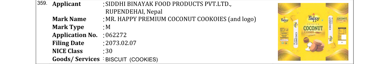 Original bulletin entry for MR. HAPPY PREMIUM COCONUT COOKOIES (and logo)