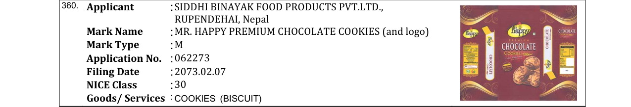 Original bulletin entry for MR. HAPPY PREMIUM CHOCOLATE COOKIES (and logo)