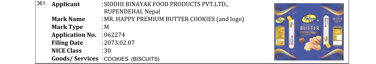 Original bulletin entry for MR. HAPPY PREMIUM BUTTER COOKIES (and logo)