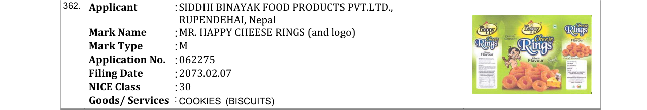 Original bulletin entry for MR. HAPPY CHEESE RINGS (and logo)
