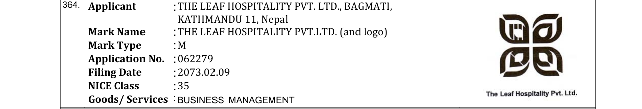 Original bulletin entry for THE LEAF HOSPITALITY PVT.LTD. (and logo)