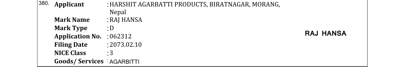 Original bulletin entry for RAJ HANSA