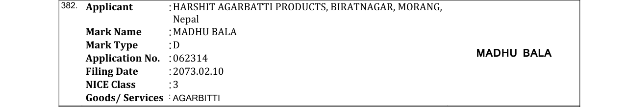 Original bulletin entry for MADHU BALA
