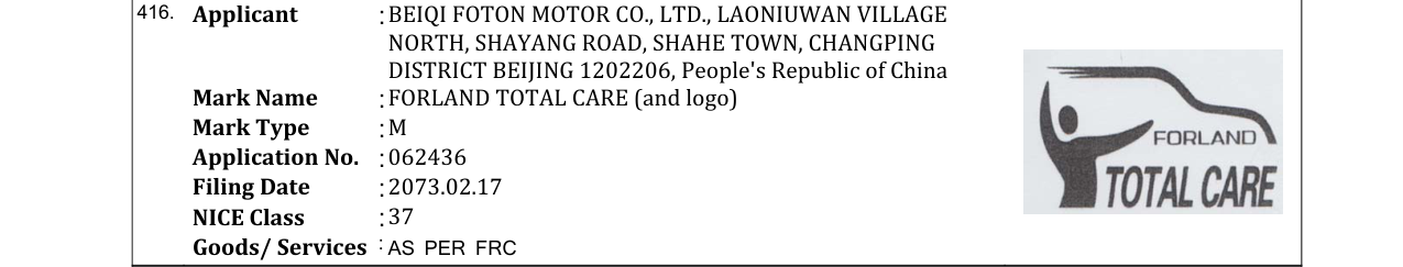 Original bulletin entry for FORLAND TOTAL CARE (and logo)