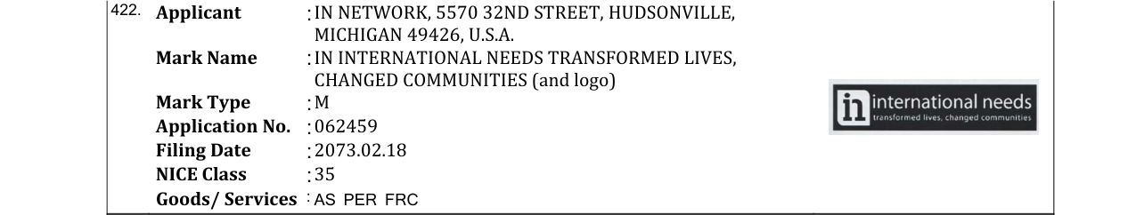Original bulletin entry for IN INTERNATIONAL NEEDS TRANSFORMED LIVES, CHANGED COMMUNITIES (and logo)