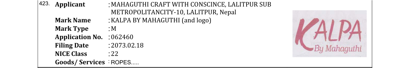 Original bulletin entry for KALPA BY MAHAGUTHI (and logo)