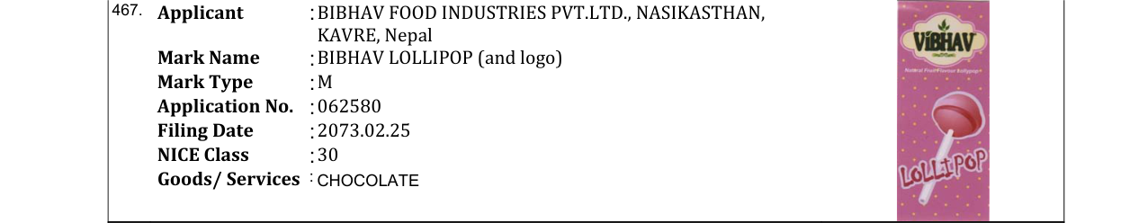Original bulletin entry for BIBHAV LOLLIPOP (and logo)