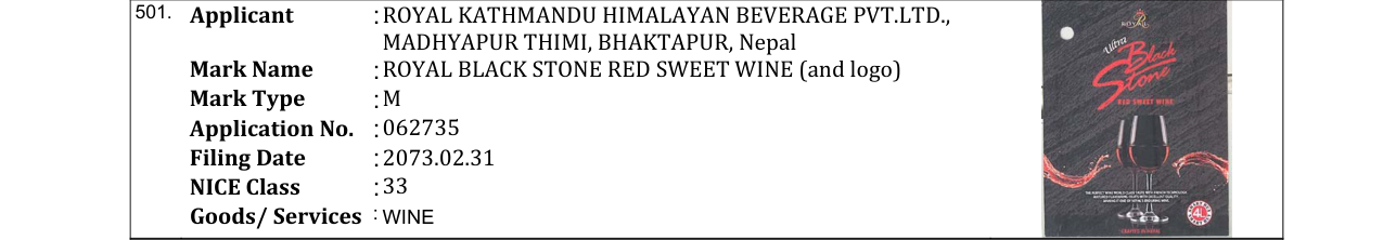 Original bulletin entry for ROYAL BLACK STONE RED SWEET WINE (and logo)