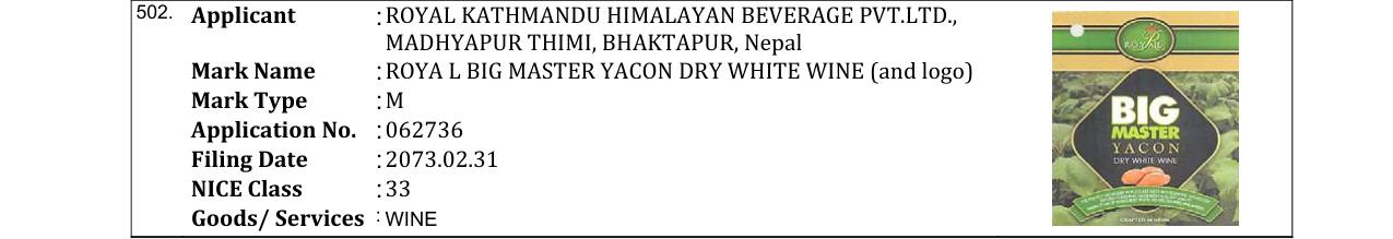 Original bulletin entry for ROYA L BIG MASTER YACON DRY WHITE WINE (and logo)