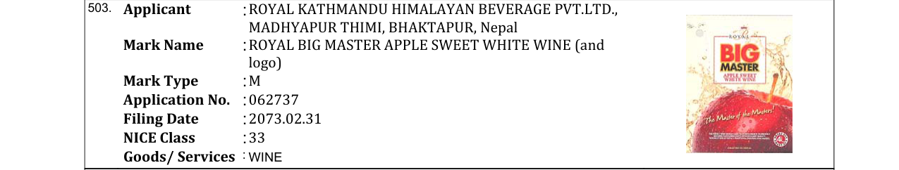 Original bulletin entry for ROYAL BIG MASTER APPLE SWEET WHITE WINE (and logo)