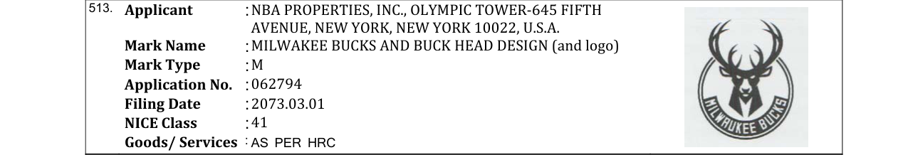 Original bulletin entry for MILWAKEE BUCKS AND BUCK HEAD DESIGN (and logo)