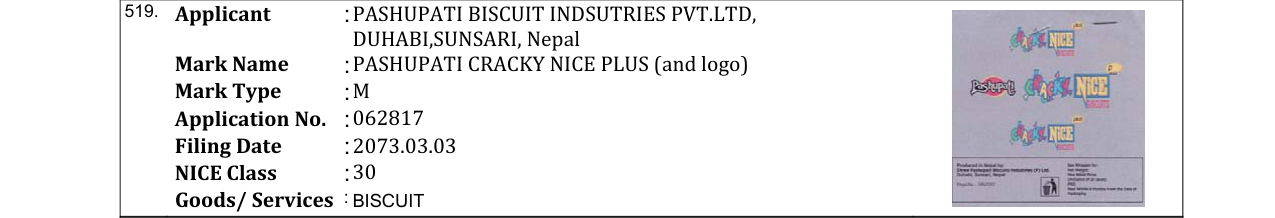 Original bulletin entry for PASHUPATI CRACKY NICE PLUS (and logo)