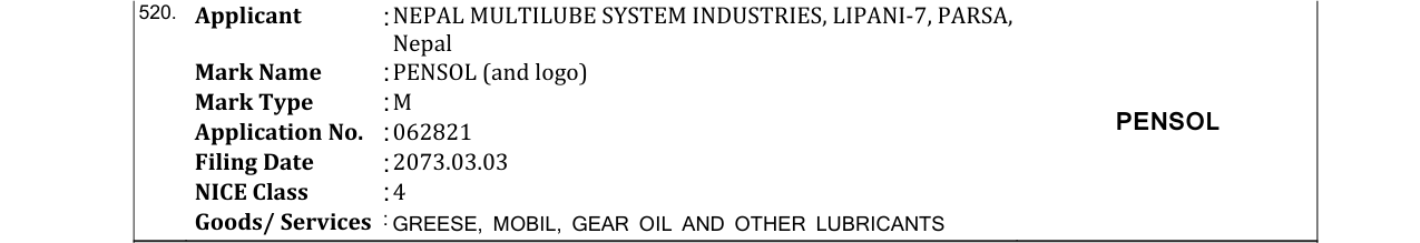 Original bulletin entry for PENSOL (and logo)