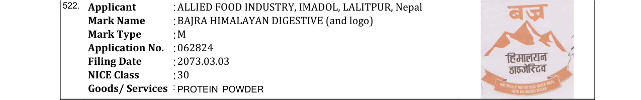 Original bulletin entry for BAJRA HIMALAYAN DIGESTIVE (and logo)